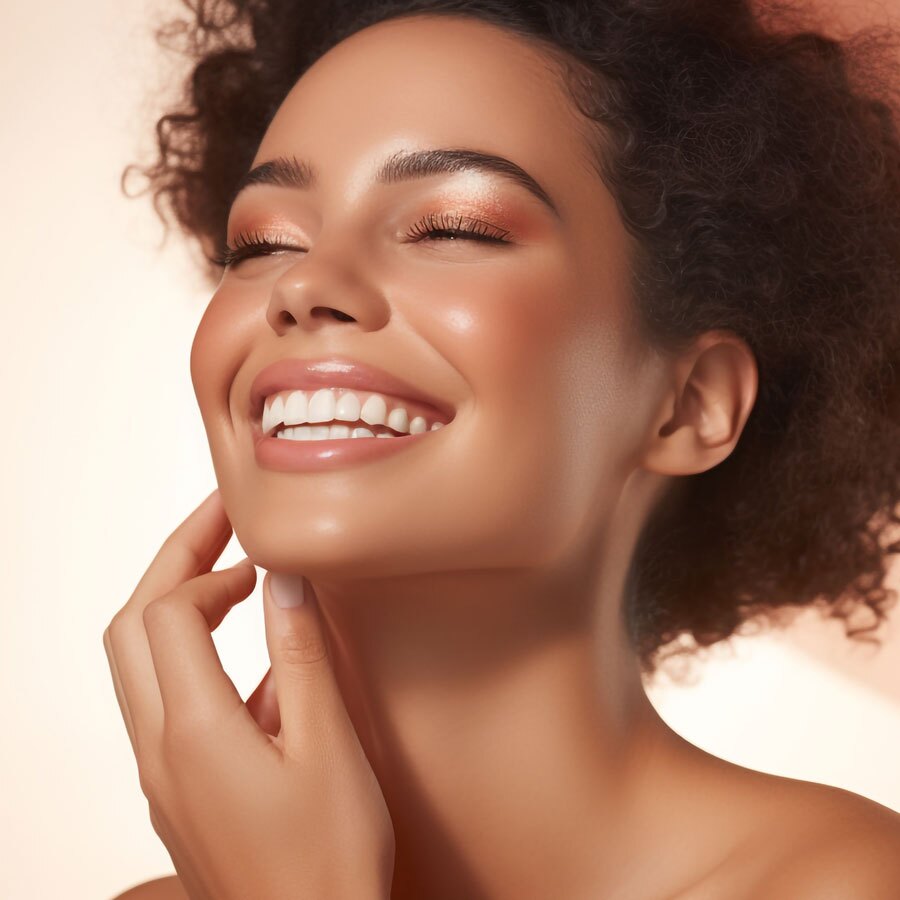 woman smiling on peach background sm woman smiling on peach background sm